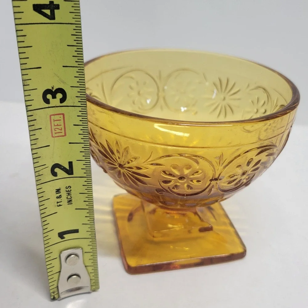 Vintage Amber‎ Depression Glass Floral Sherbet Cup Square Pedestal Dessert Bowl